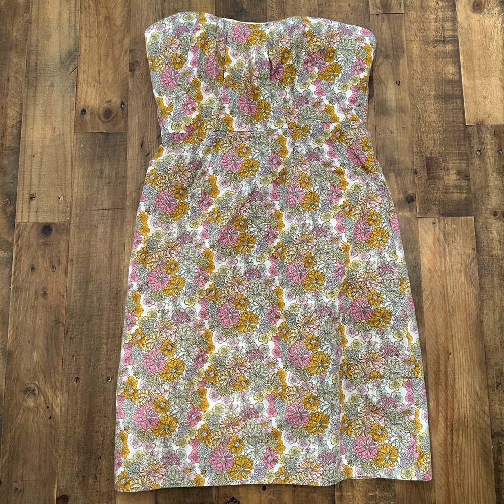J. Crew Pink and Yellow Floral Strapless Sheath Dress